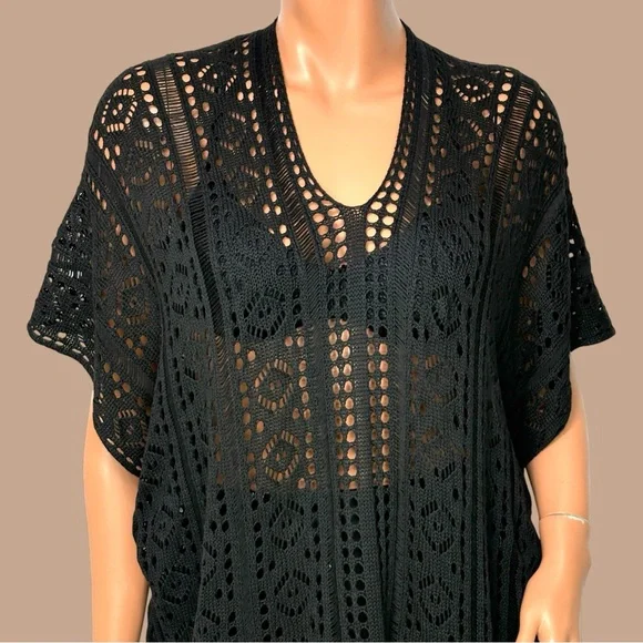 90s Black Open Knit Lace Crochet Tunic M/ L Side Cinch Y2K Dark Fairy WimsiGoth - Picture 3 of 11